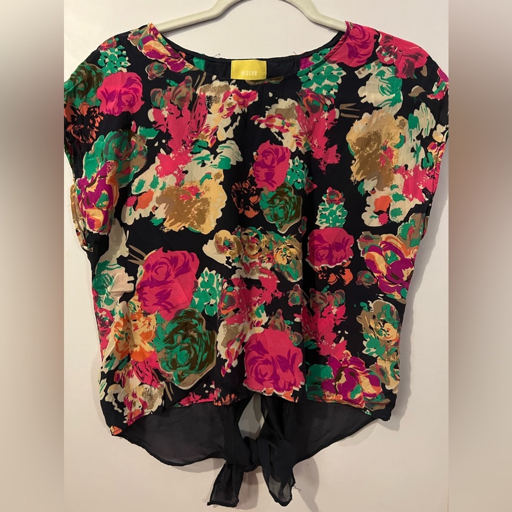 Navy blue floral silk short-sleeved blouse